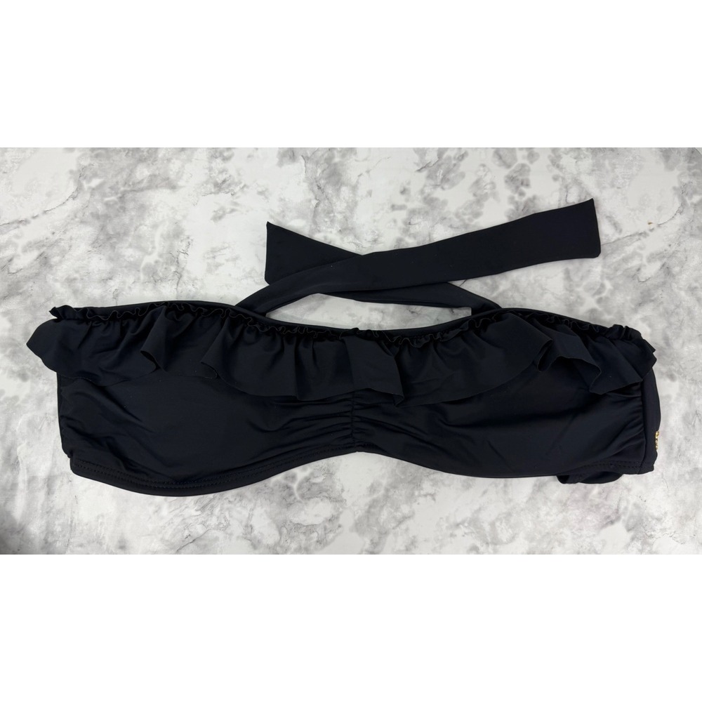 VINTAGE GUESS Y2K 90's BLACK RUFFLED BANDEAU BIKINI TOP Tie Back Size Large